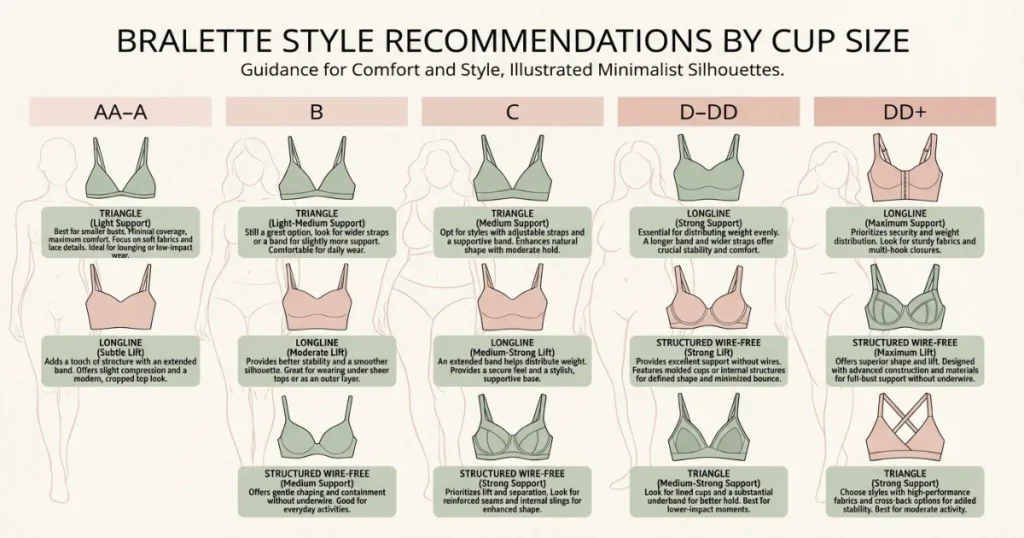 Bralette style guide infographic by cup size showing recommended styles for AA to DD+.
