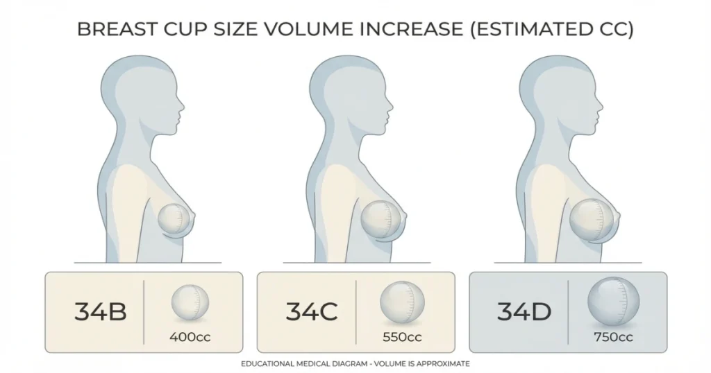 Breast volume comparison chart showing cup size cc differences