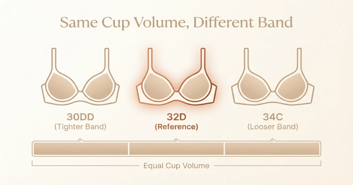 Sister size infographic for 32D showing 30DD 32D 34C and 36B with same cup volume concept