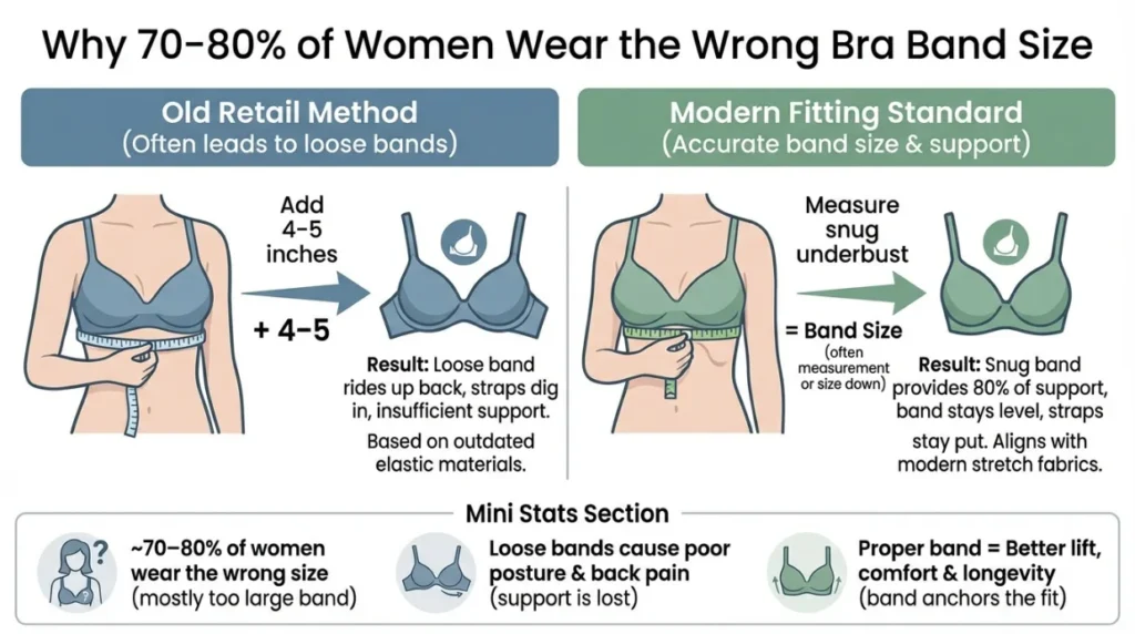 Infographic explaining outdated bra fitting methods causing loose bands