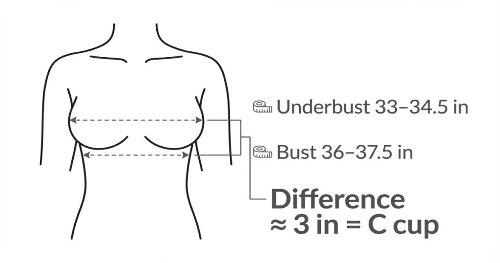 34C bra size measurement showing underbust and bust tape placement.