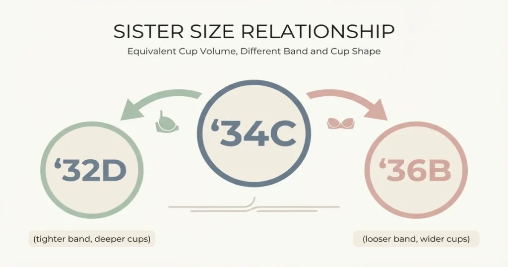 34C bra size measurement showing underbust and bust tape placement.