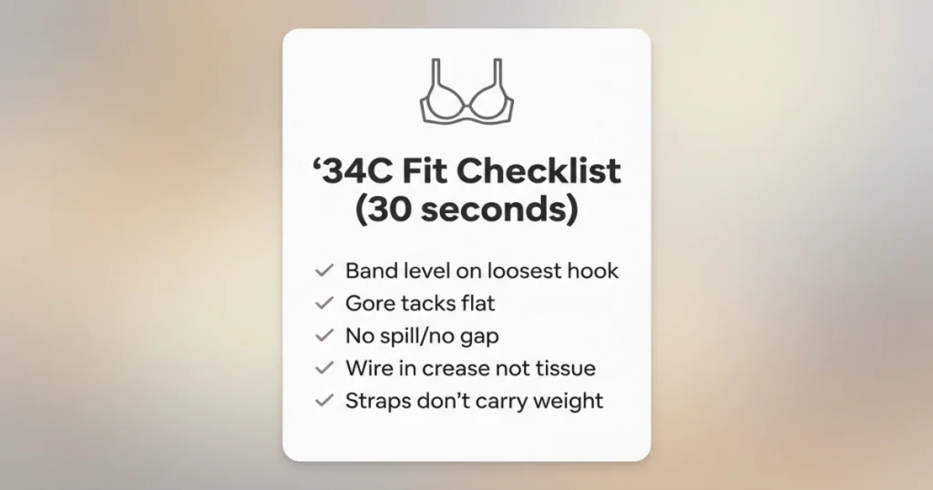 34C bra size measurement showing underbust and bust tape placement.