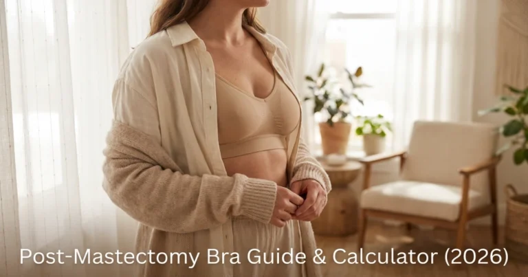 Post-mastectomy woman wearing comfortable wire-free recovery bra in soft natural light