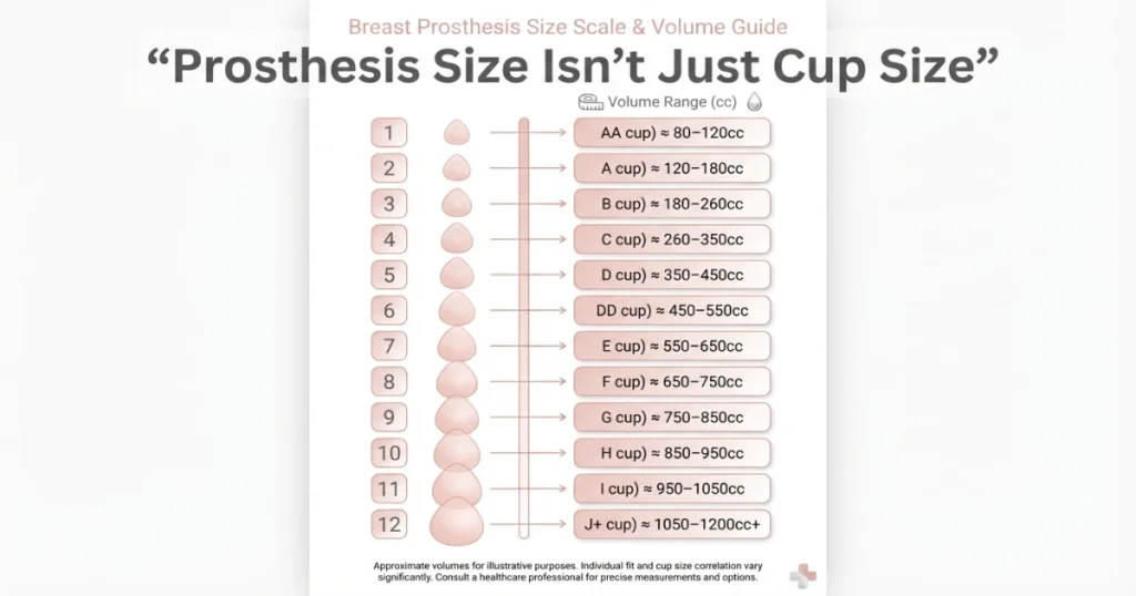 Breast prosthesis sizing chart showing Amoena scale 1 to 12 with volume equivalents