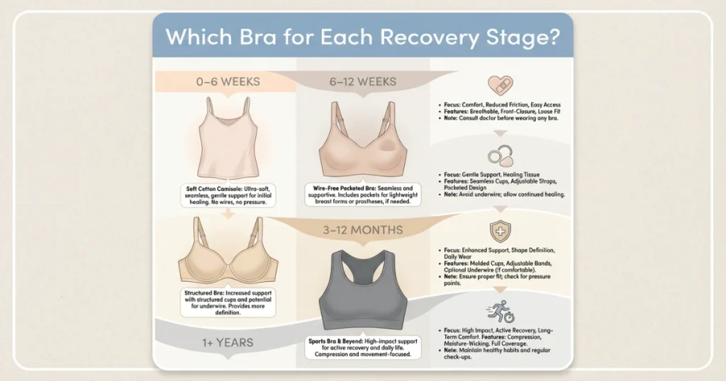 Post-mastectomy recovery timeline showing recommended bras for each healing stage