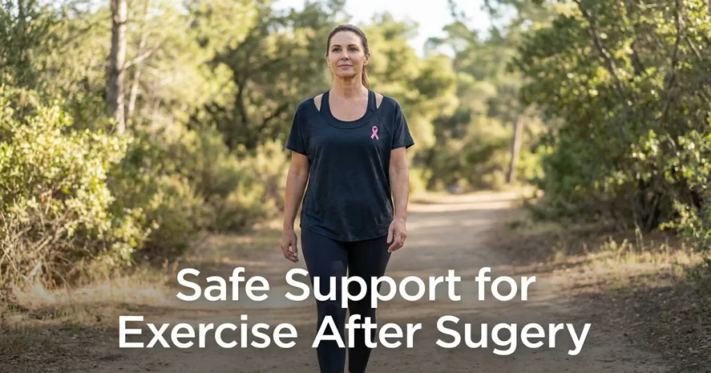 Woman exercising in mastectomy sports bra with secure prosthesis pocket