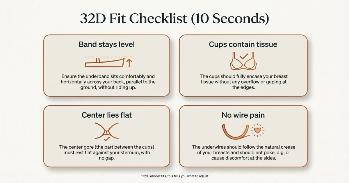 32D bra fit checklist infographic showing band level, cup containment, center gore flat and underwire comfort