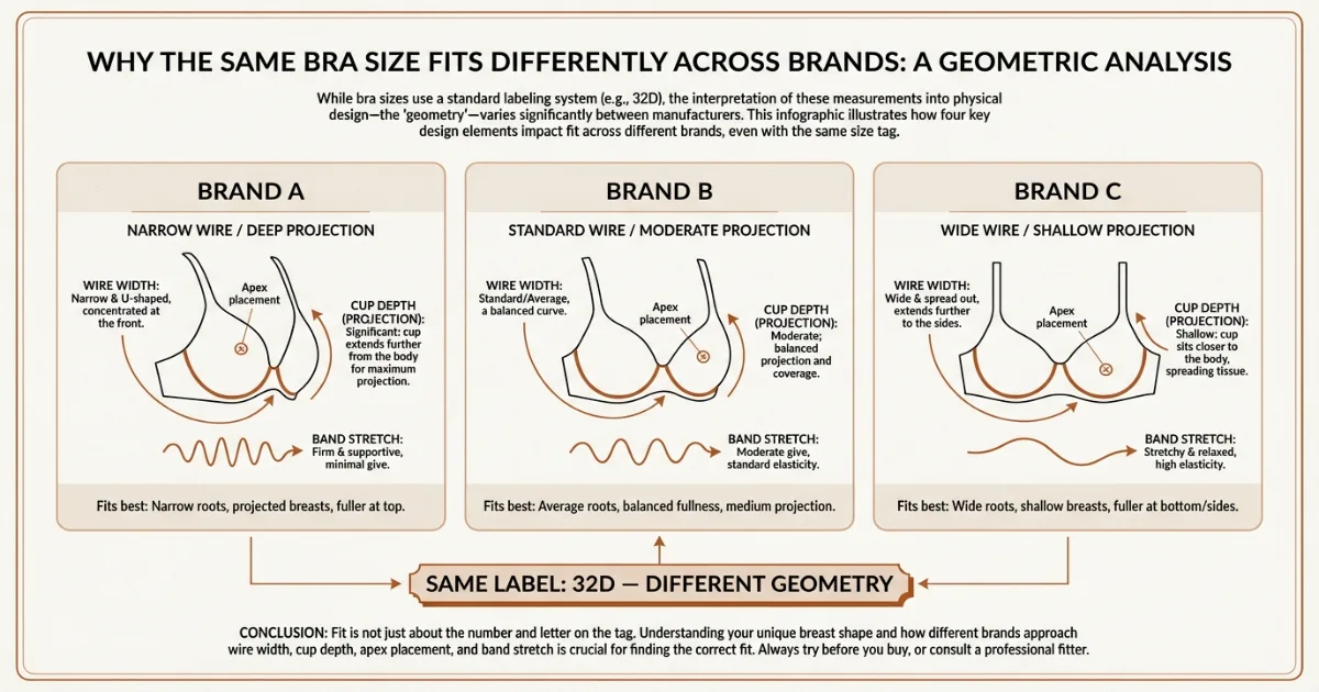 Diagram showing how 32D cup shape can vary by brand including wire width, projection depth and apex placement