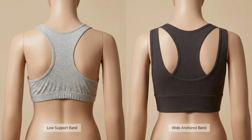 Sports bra band riding up vs wide stable band comparison