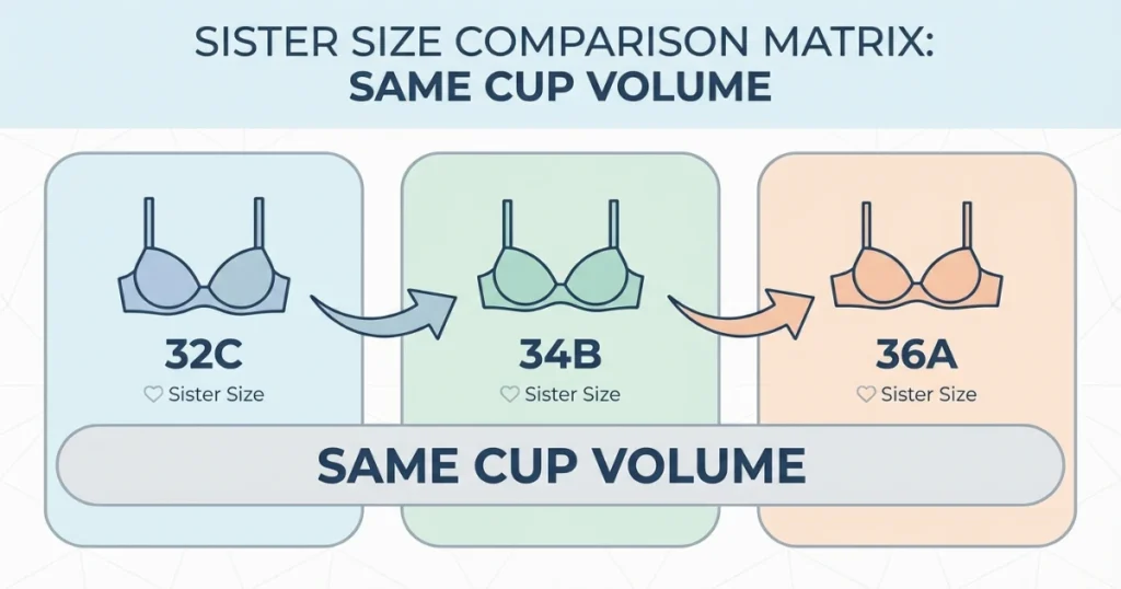 Sister size chart showing 34B equals 32C and 36A in volume