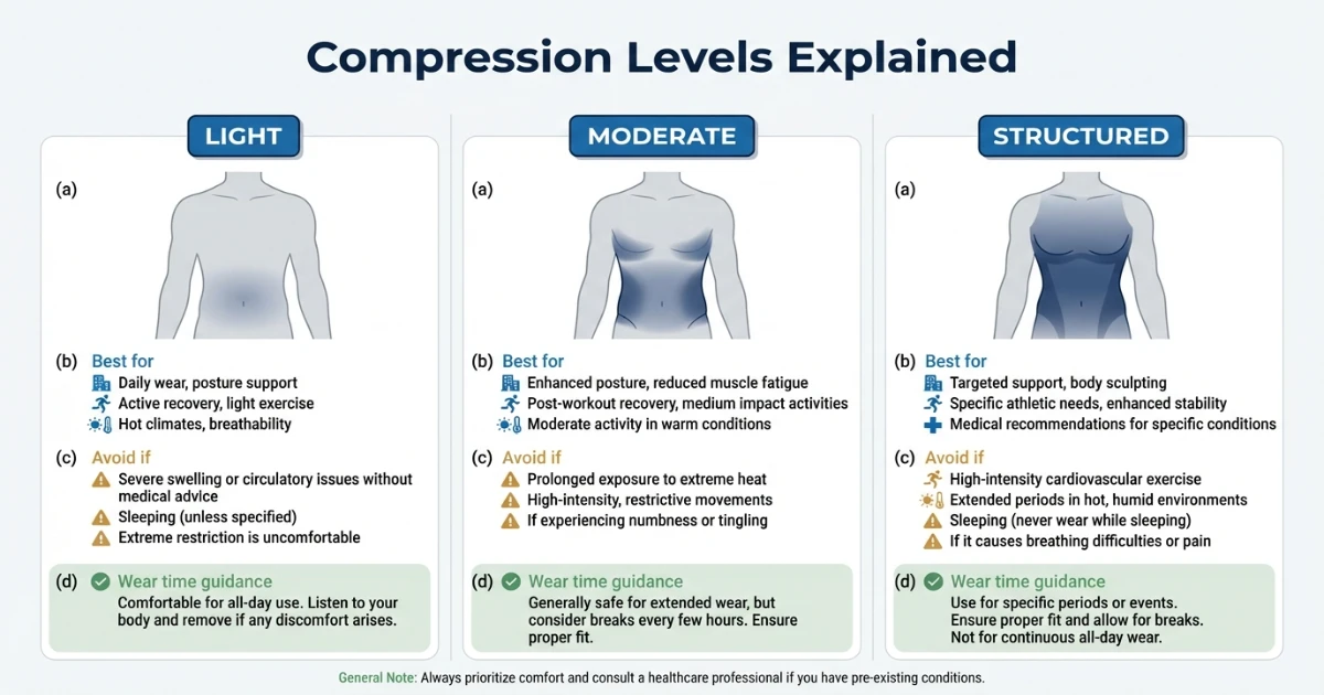 Compression level comparison chart for men showing light, moderate, and structured compression with use cases.