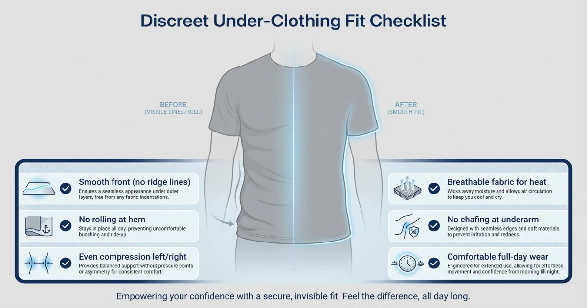 Checklist infographic for discreet under-clothing fit: smooth front, no roll, breathable fabric, even compression.