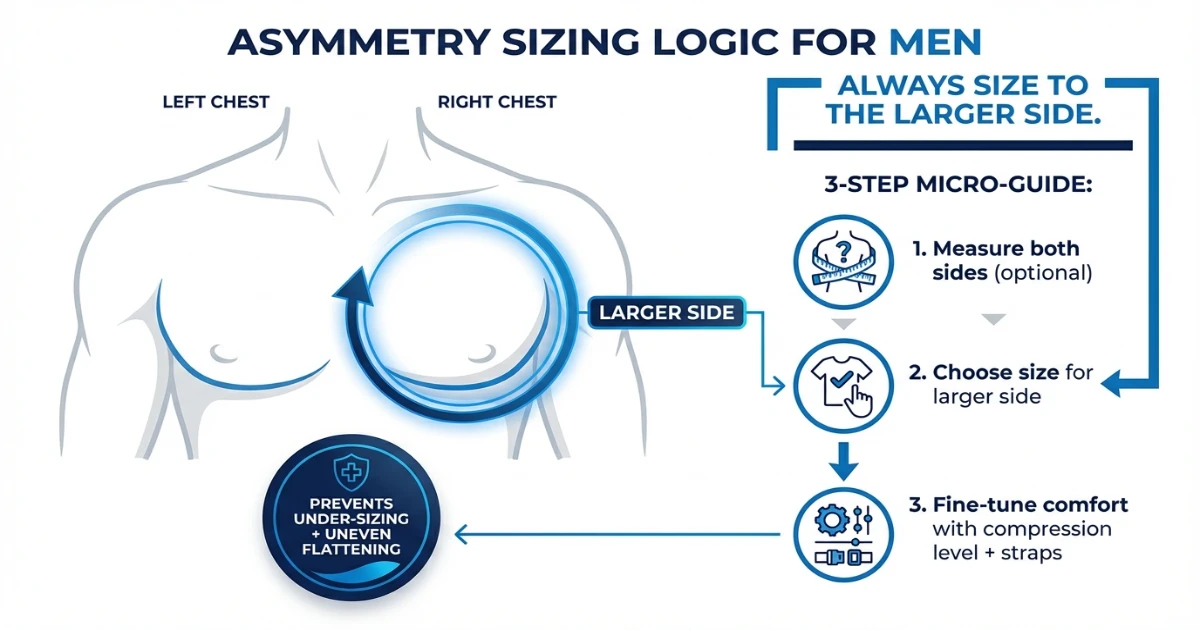 Asymmetry sizing infographic explaining why you size to the larger side and adjust comfort using straps or compression level.