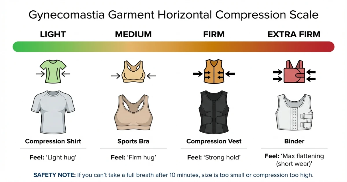 Compression level scale showing light, medium, firm, and extra firm options for gynecomastia concealment