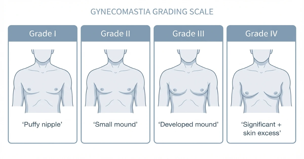 Gynecomastia grades diagram showing Grade I to Grade IV chest development progression