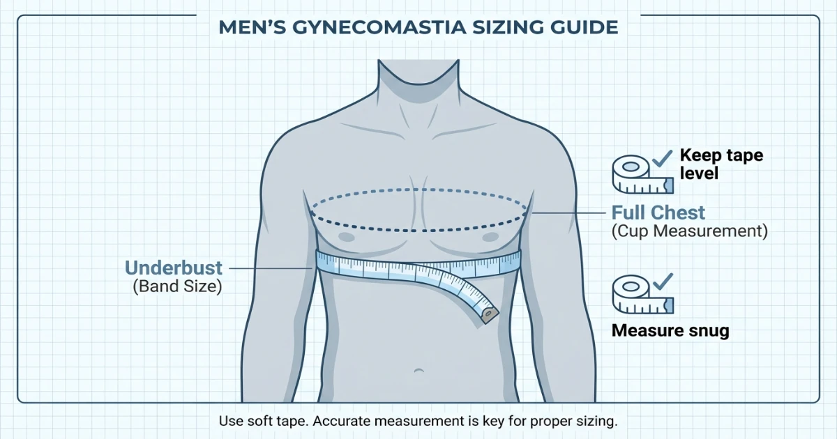 Infographic showing where to measure underbust and full chest to calculate gynecomastia bra size