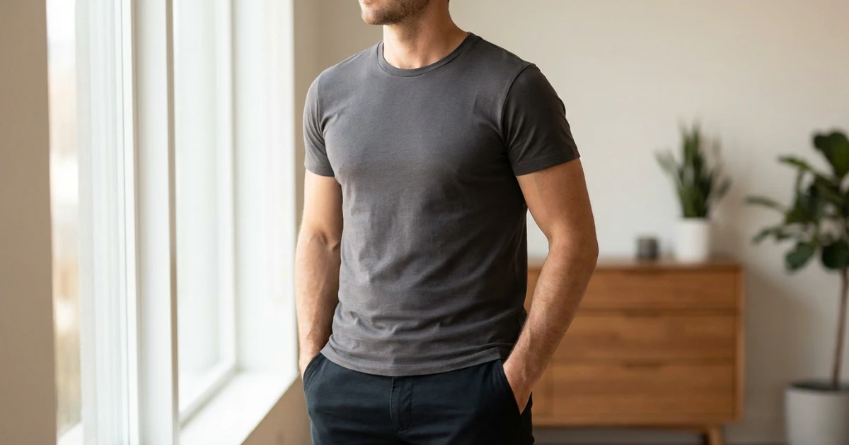 Confident male silhouette in a fitted t-shirt showing how proper support improves comfort and appearance