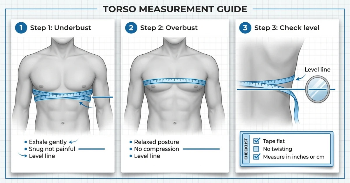 Step-by-step measuring guide for underbust and overbust using a flexible tape measure, level around the torso.