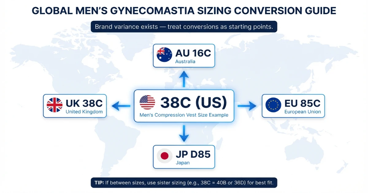 International gynecomastia garment sizing conversion table showing US, UK, EU, AU, and Japan examples.