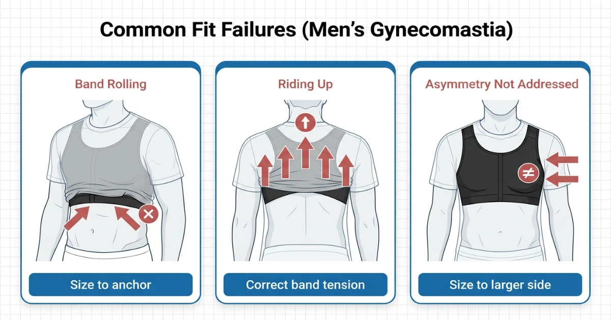 Fit problem diagram showing band roll, ride-up back, and uneven compression zones for men with gynecomastia.