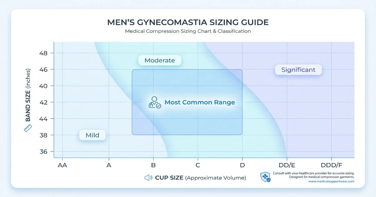Men’s gynecomastia size chart showing bands 36–48 and cups AA–F with common range highlighted