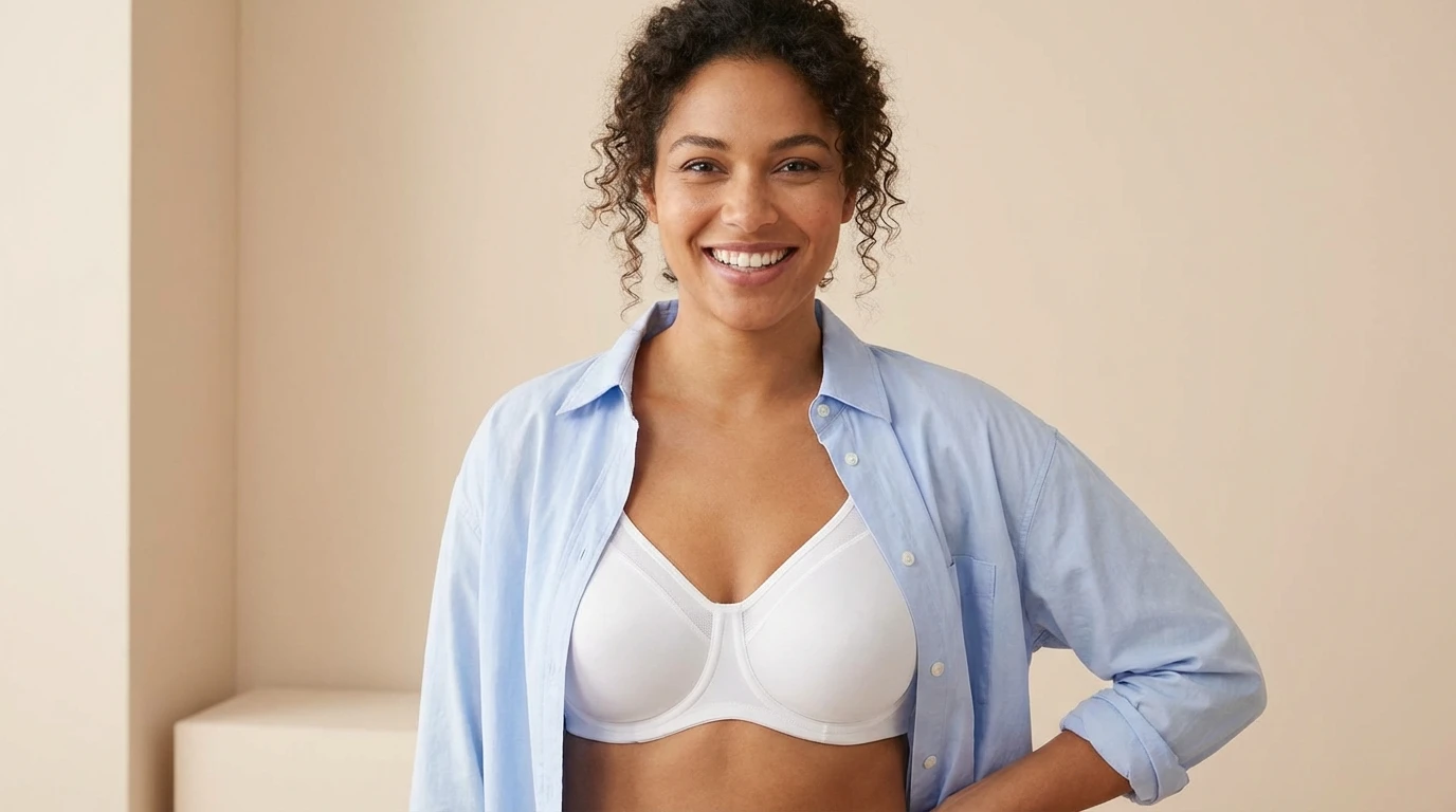 Minimizer Bra Size Calculator: Woman wearing a white full coverage minimizer bra under a fitted blue shirt showing reduced bust projection and smooth silhouette