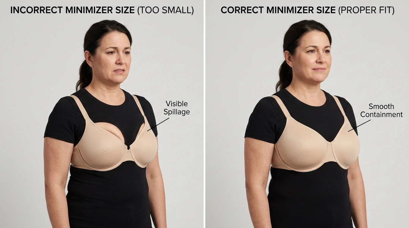 Woman wearing a white full coverage minimizer bra under a fitted blue shirt showing reduced bust projection and smooth silhouette