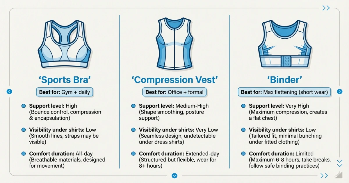 Comparison of sports bra, compression vest, and chest binder for managing gynecomastia under clothing