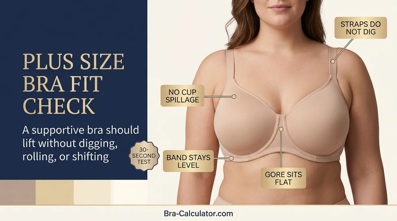 Supportive plus size bra feature checklist showing wide band side support deep cups and wide straps