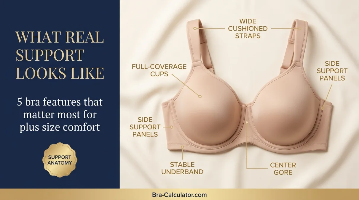 Supportive plus size bras guide showing wide band, stable cups, and fuller bust support anatomy