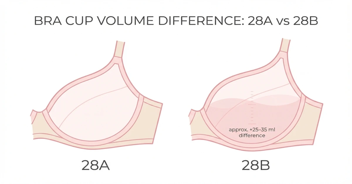 Illustration showing cup volume comparison between 28A and 28B bra sizes