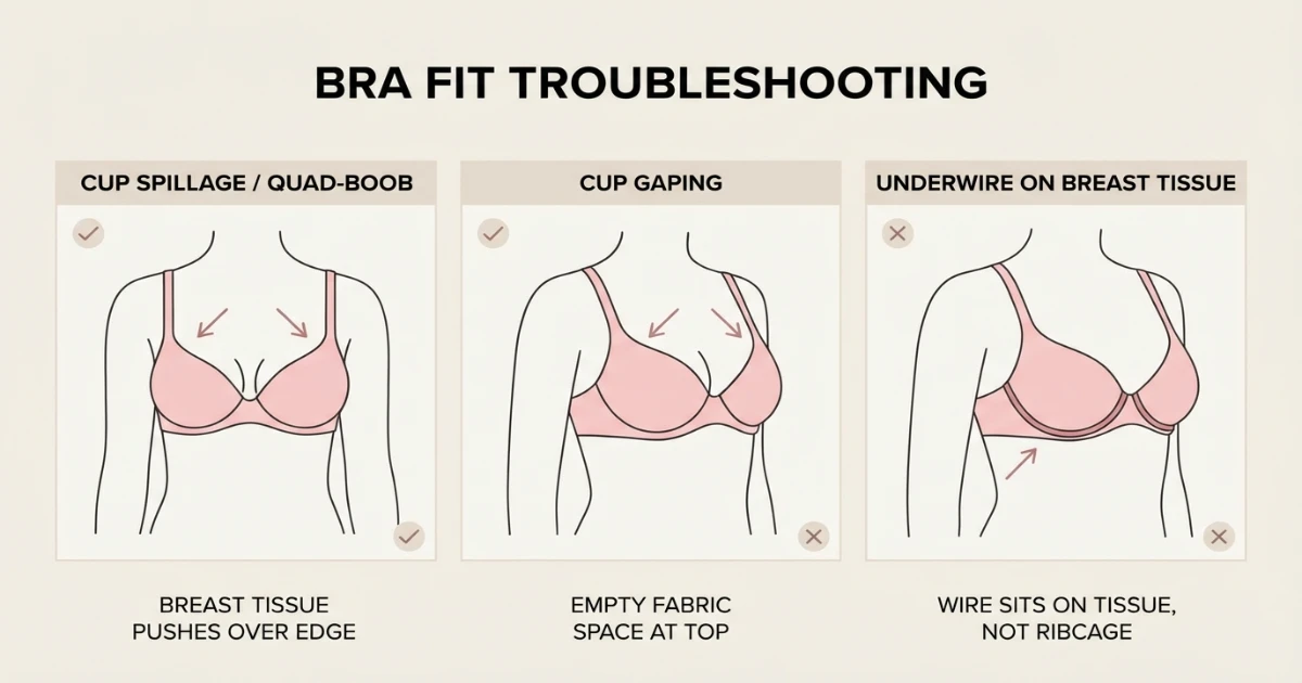 Illustration showing common bra fit problems including cup spillage, gaping, and underwire placement issues
