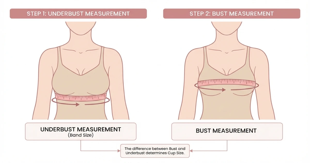 Diagram illustrating how to measure underbust and bust for accurate bra sizing