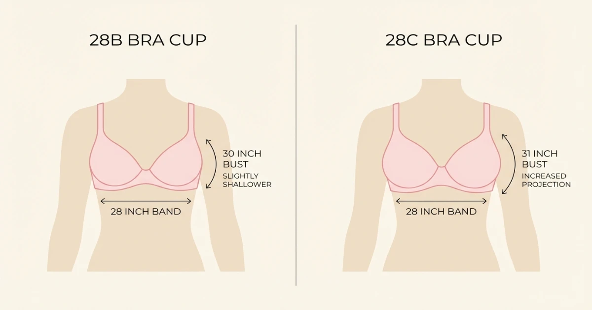 Side-by-side comparison graphic showing the cup volume difference between a 28B and 28C bra
