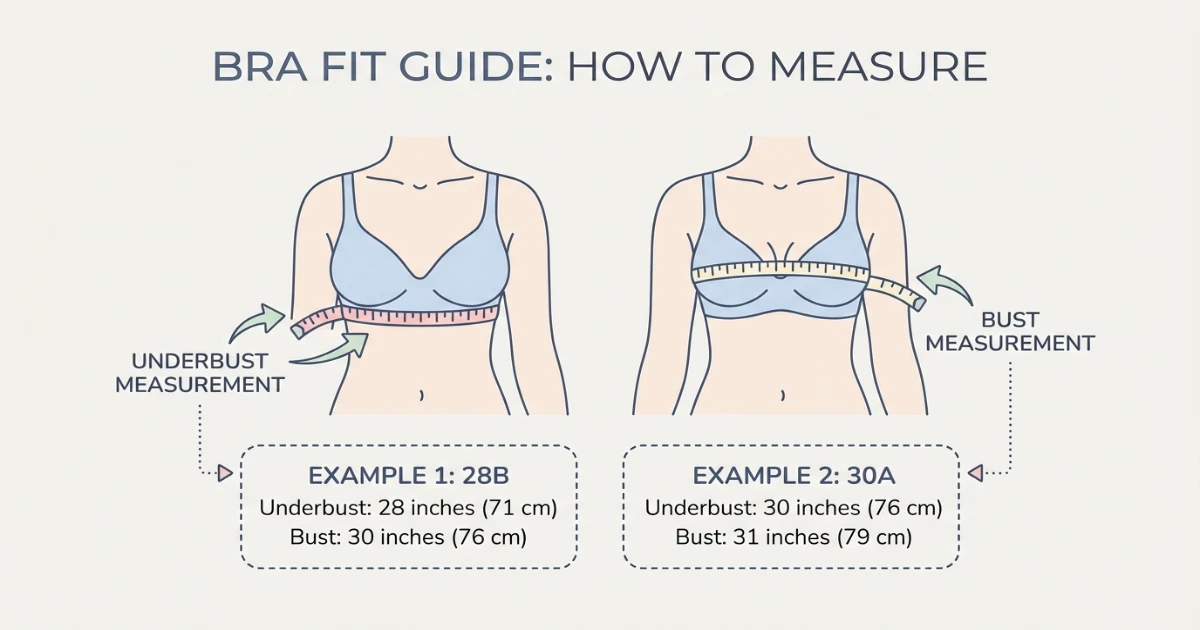 Bra measurement diagram showing how to measure underbust and bust to find bra size