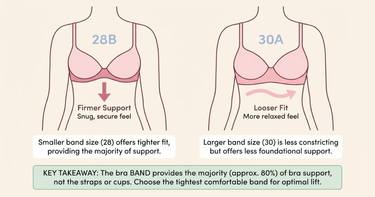 Diagram comparing 28B and 30A bra sizes with band and cup measurements labeled