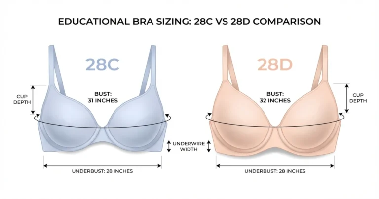 28C vs 28D bra size comparison showing deeper cup volume in 28D with the same 28-inch band.