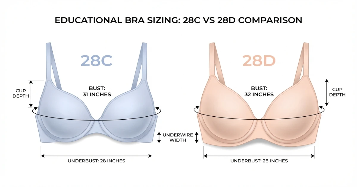 28C vs 28D bra size comparison showing deeper cup volume in 28D with the same 28-inch band.