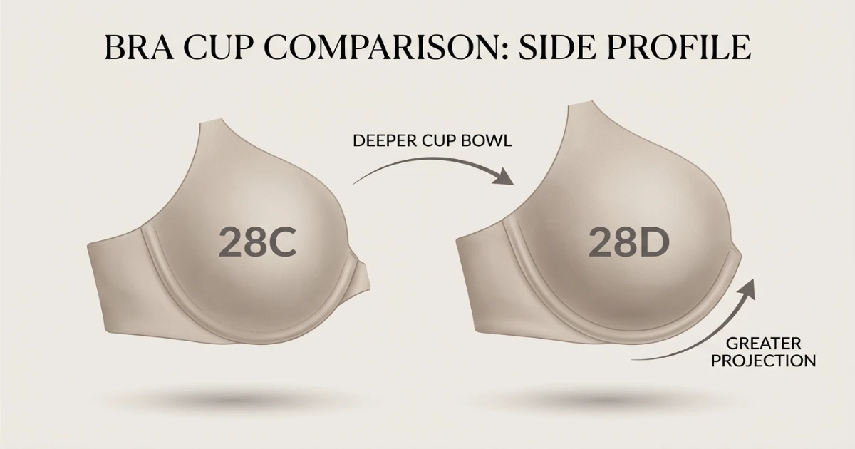 Illustration of 28C and 28D cup depth difference showing greater projection in D cup