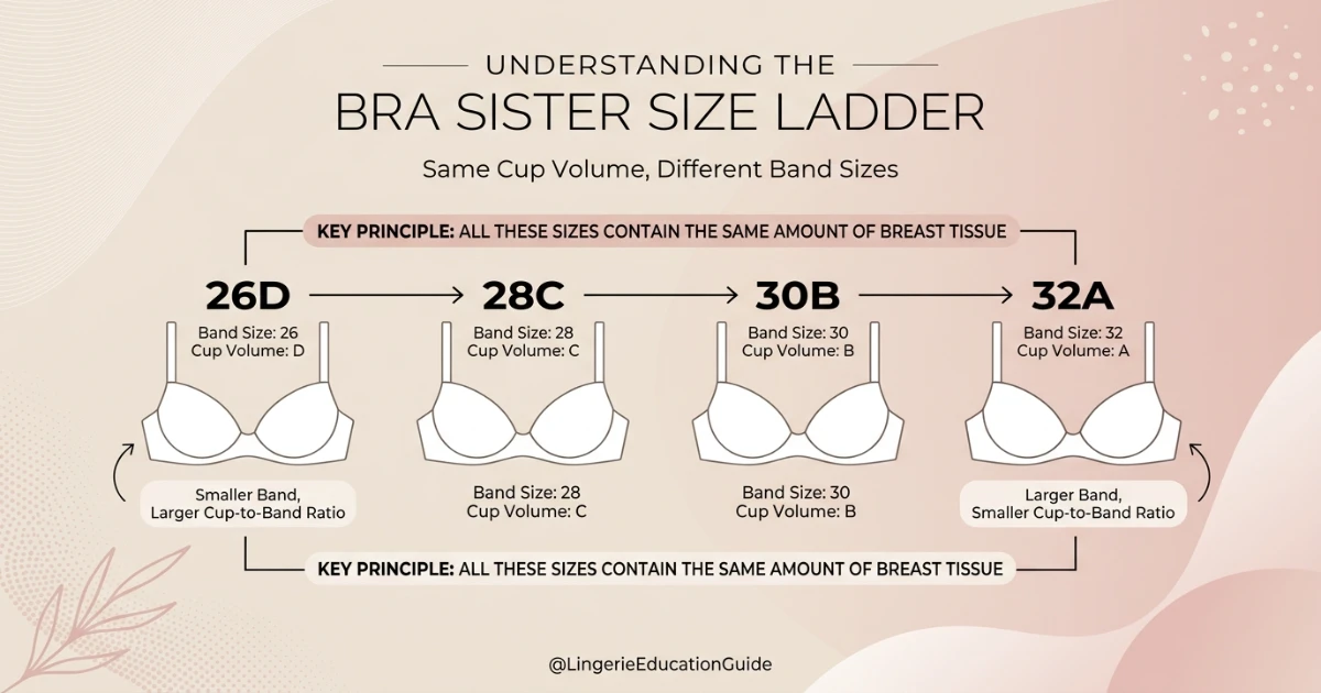 Sister size ladder graphic showing how 26D, 28C, 30B, and 32A share the same cup volume