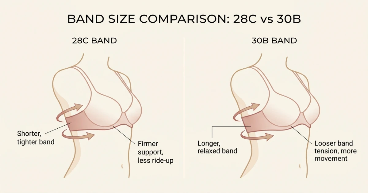 Illustration of a bra band comparison showing a 28C band versus a 30B band side by side