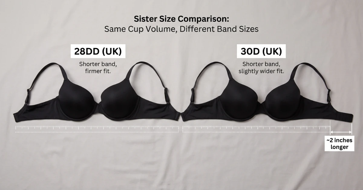 Illustration comparing the band width of a 28DD bra and a 30D bra side by side