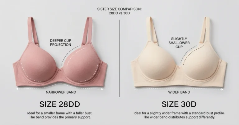 28DD vs 30D bra size comparison showing narrower band and deeper cup versus wider band and shallower cup
