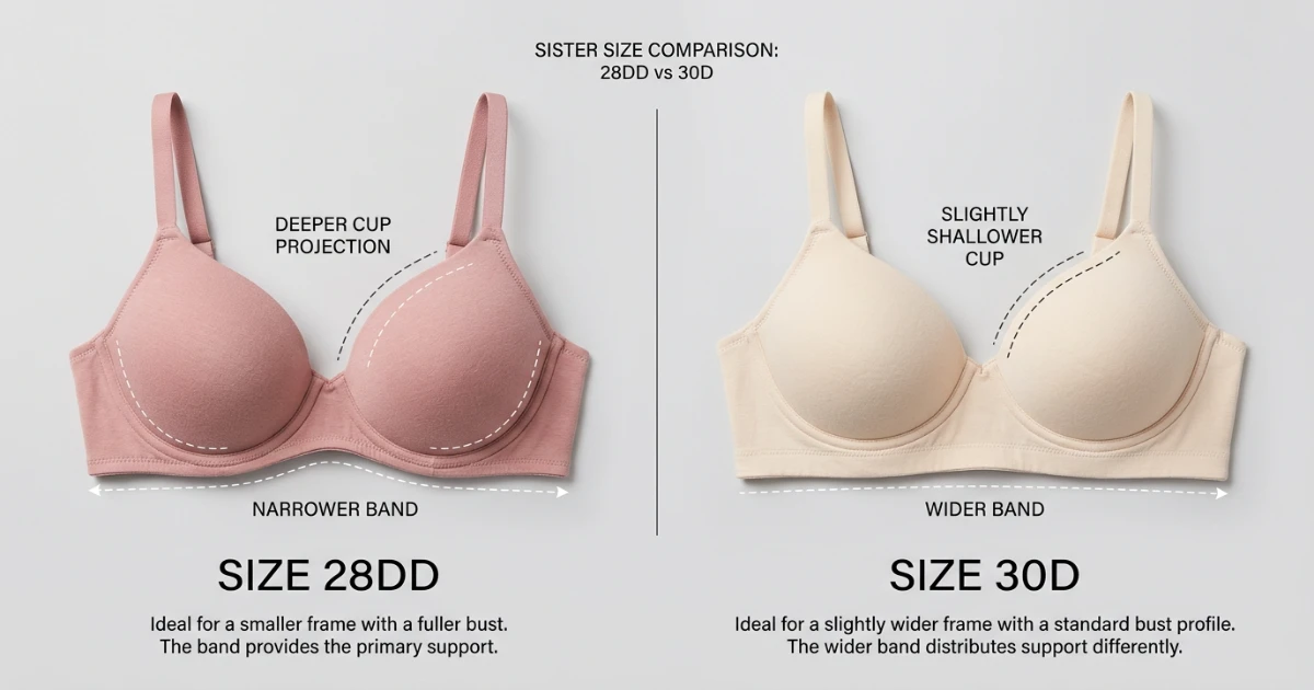 28DD vs 30D bra size comparison showing narrower band and deeper cup versus wider band and shallower cup