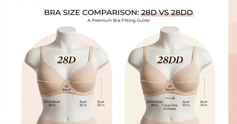 28D vs 28DD bra size comparison showing same band size and one cup size difference.