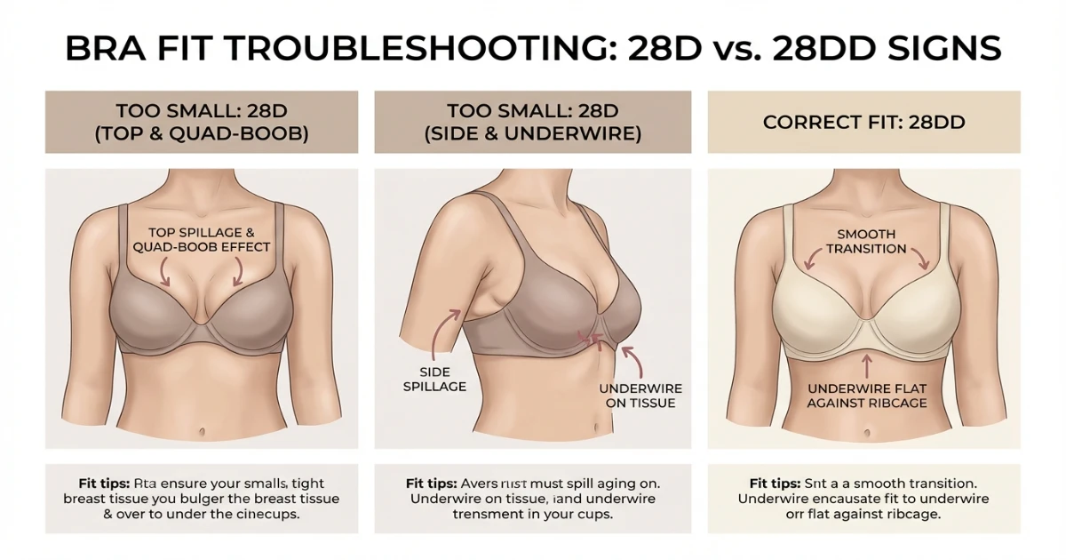 Diagram showing common bra fit problems including spillage and quad-boob effect from too-small cups