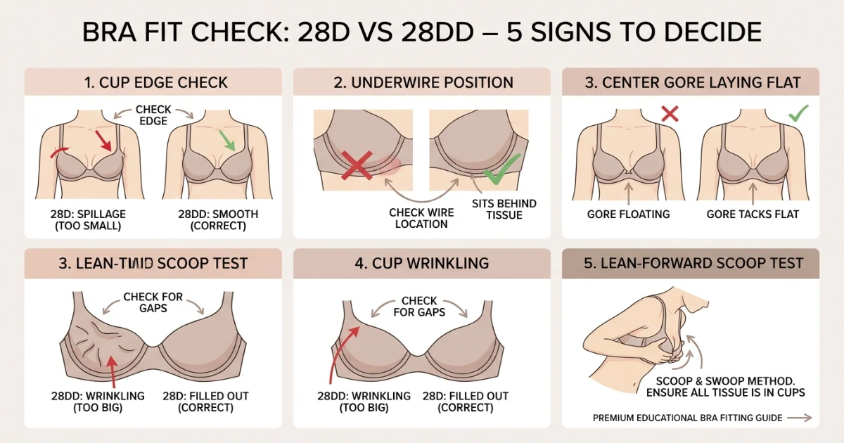 Bra fit test infographic showing how to choose between 28D and 28DD.