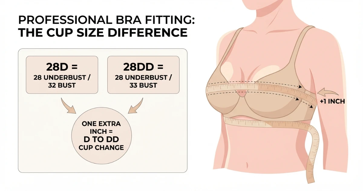 Bra measurement diagram showing how to calculate D and DD cup sizes from underbust and bust measurements