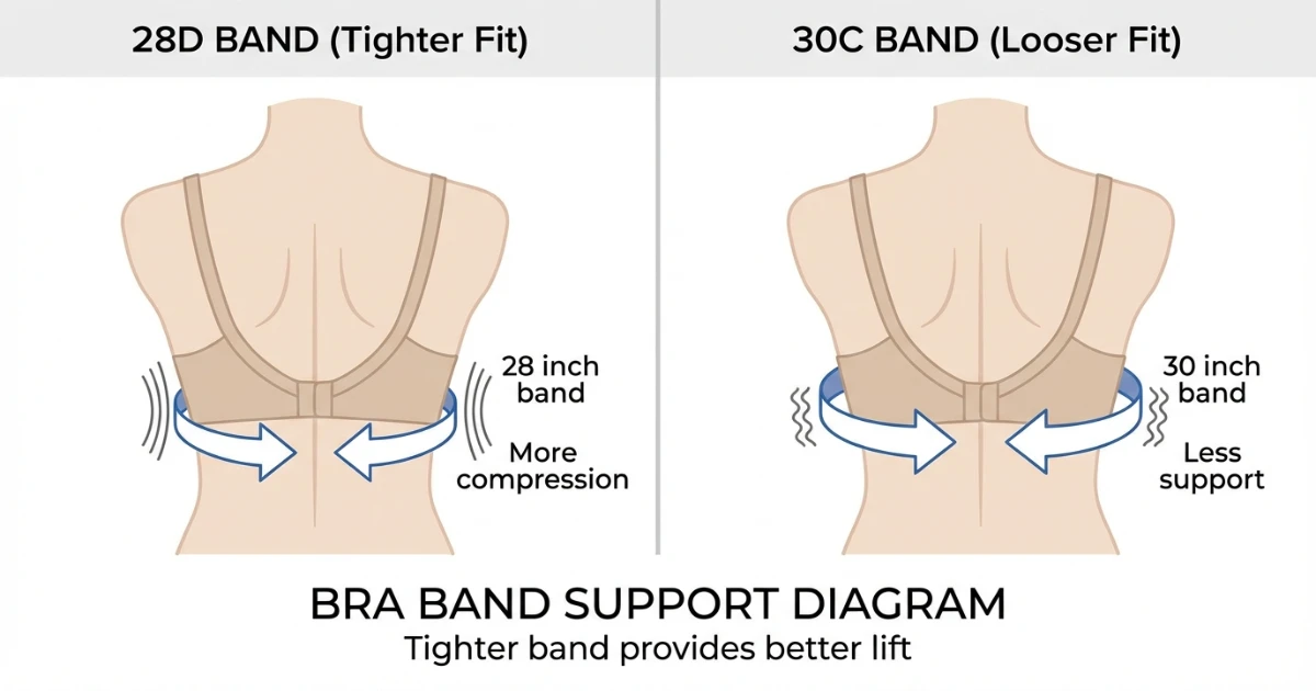 Bra band size comparison showing how band tightness changes between 28D and 30C with the same cup volume